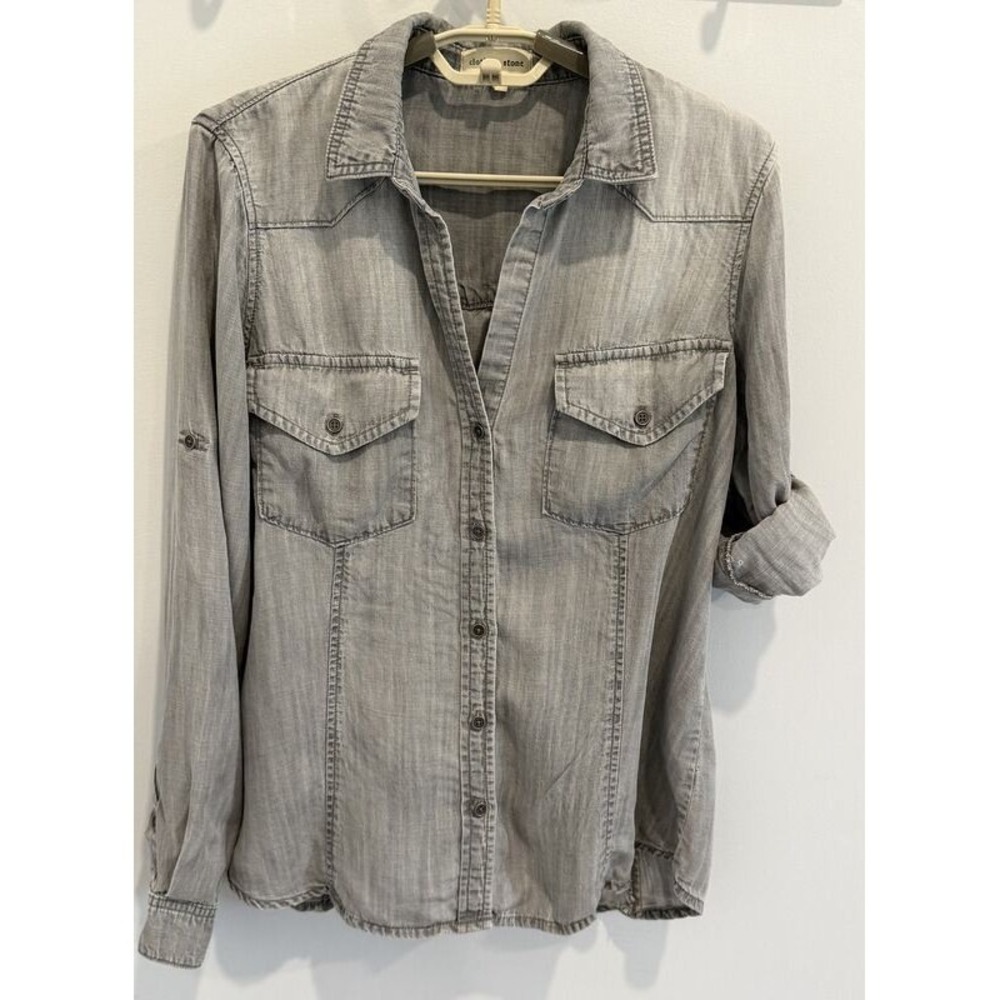 Cloth & Stone Gray Tencel Button Front V Neck Shirt Long Roll Tab Sleeve Size L